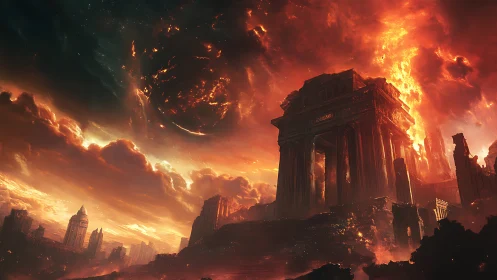 Apocalyptic temple ruin under molten sky and disintegrating celestial body