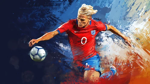 Dynamic football striker striking painted ball in motion blur