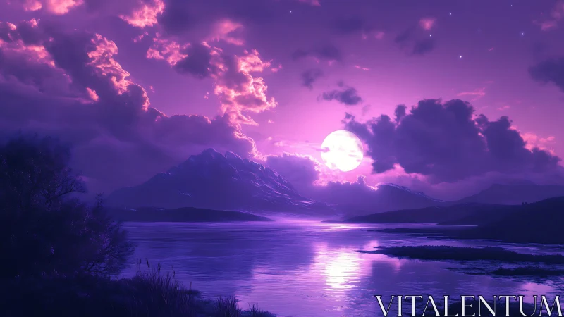 Moonlit amethyst shoreline under dream-soaked mountainscape.