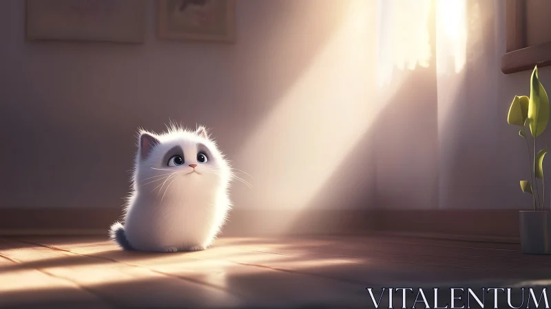 Fluffy White Kitten in Sunlit Room.