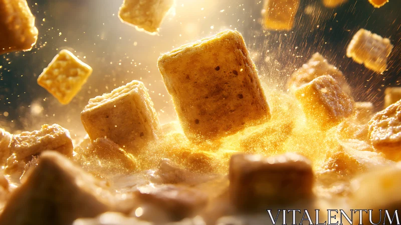 Golden Crunch: Cereal Pieces Dancing in Milky Motion