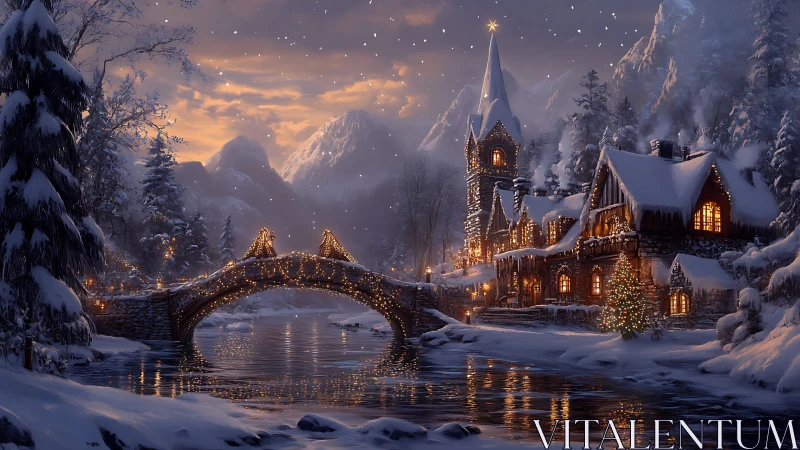 Snowlit village and star-topped steeple by a glowing river.