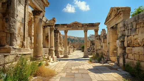 Ancient stone colonnade under clear Mediterranean sky.