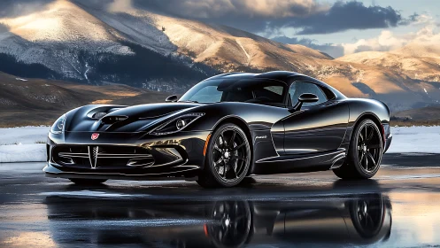 Black sports car parked on wet road in winter mountains.