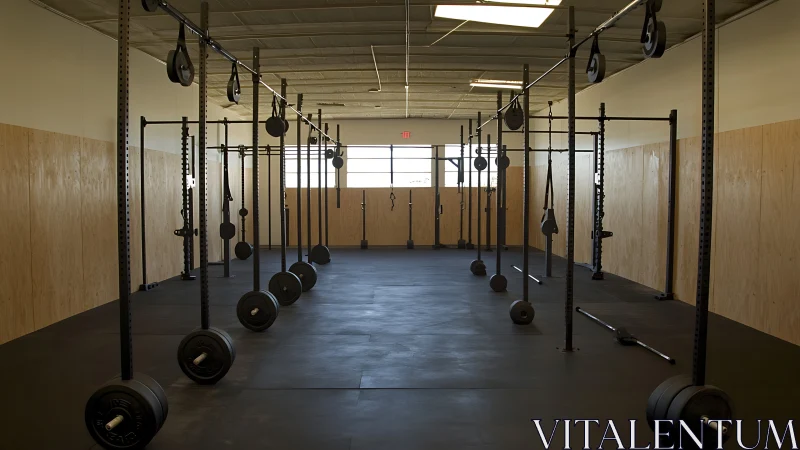 Industrial-style CrossFit gym with racks and barbells poised.
