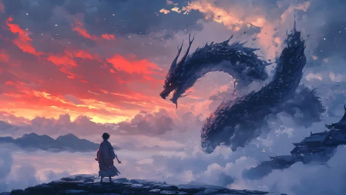 Stormlit dragon rising before lone wanderer at dusk.