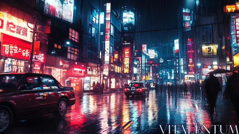 Neon city street glows gently in the rain-soaked night