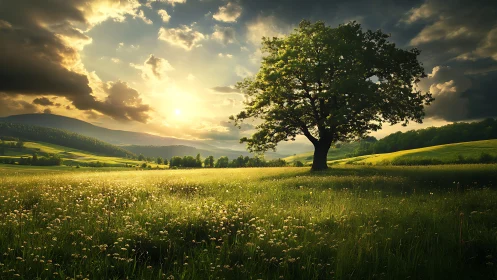 Single tree dominates sunlit meadow under dramatic clouds
