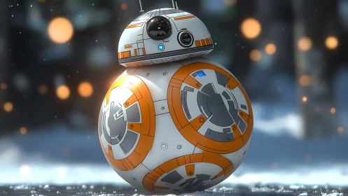 Spherical orange droid glows warmly in a soft winter forest
