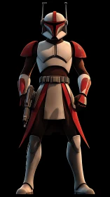 Armored sci fi soldier in red and white tactical gear.