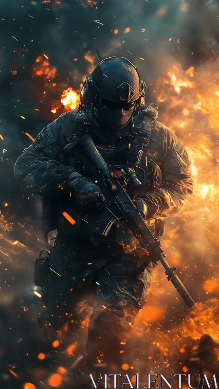 Armored firewalker strides through shrapnel-bright inferno.