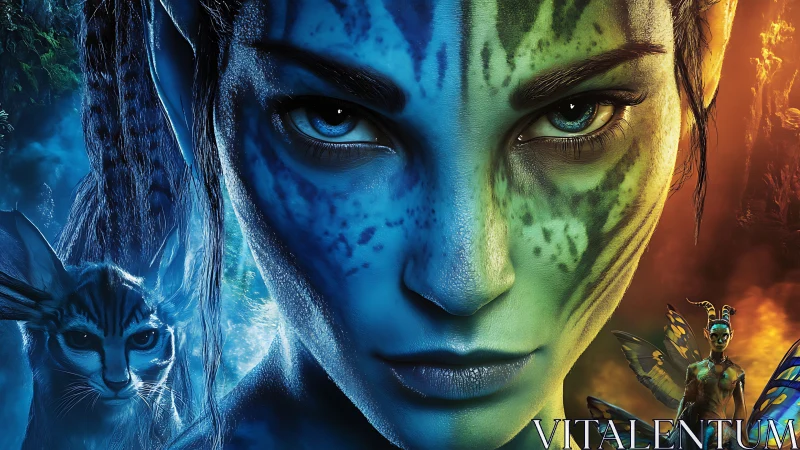 Bicolor alien portrait uniting bioluminescent forest and firelight realms