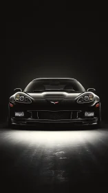 Midnight predator coupe prowling a spotlighted asphalt stage.