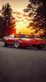 Low-angle view of red sports coupe on rural road at sunset.