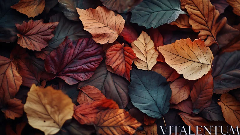 Dry overlapping autumn leaves in varied muted colors.