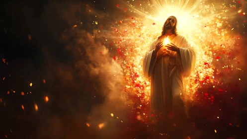 Radiant figure with glowing heart in fiery golden light.