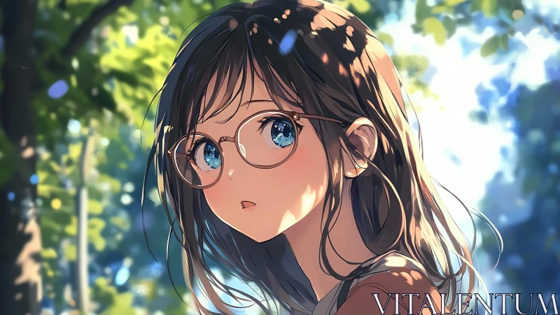 Sunlit anime portrait of girl with glasses in dappled forest