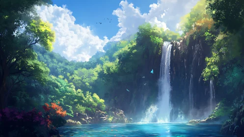 Sunlit forest waterfall pours into tranquil turquoise pool.