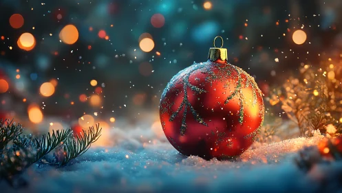 Glistening red bauble in dreamy winter bokeh glow.