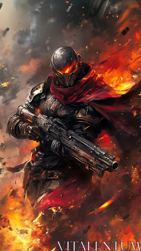 Armored firestorm trooper advancing through burning chaos.