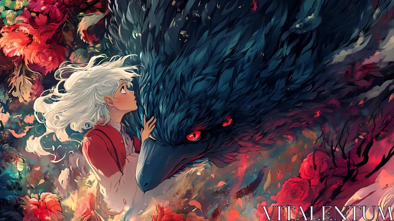Girl with white hair meets colossal raven in fiery bloom.