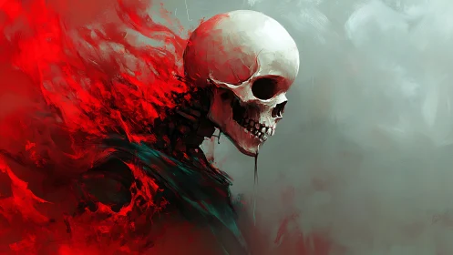 Bleached skull emerging from swirling red smoke field.
