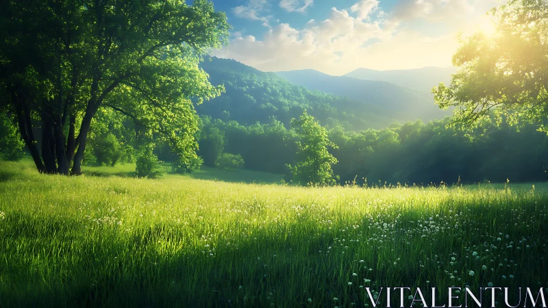 Sunlit alpine meadow captures atmospheric depth in dawn light