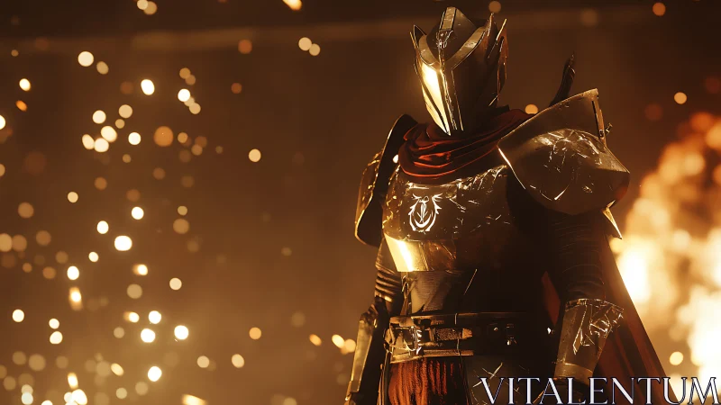 Golden armored knight amid sparks in fiery battle scene.