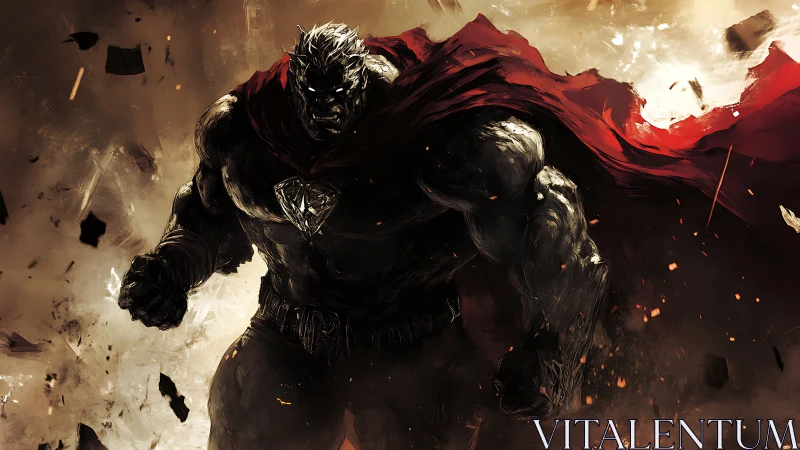 Dark armored powerhouse with red cape amid chaos.