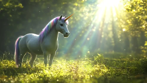 White unicorn in glowing green forest sunlight scene.