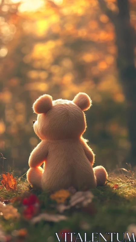 Soft teddy bear sitting in warm autumn forest light.