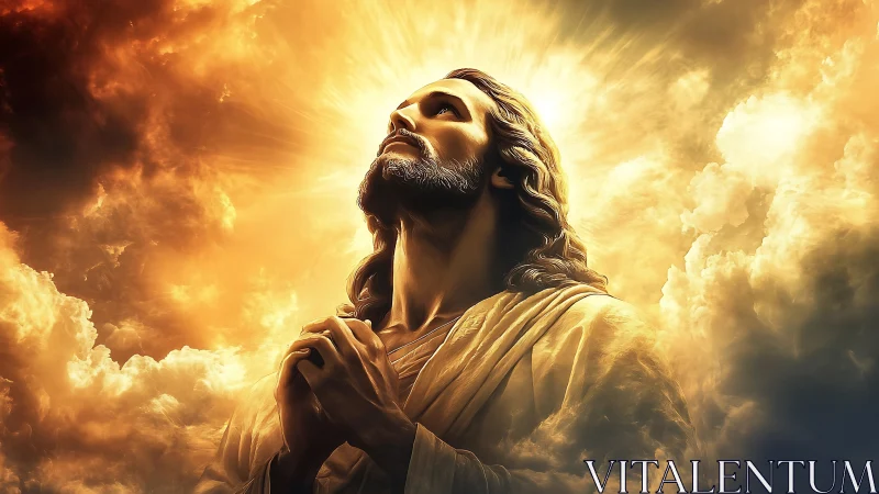 Radiant robed figure in prayer amid luminous golden clouds