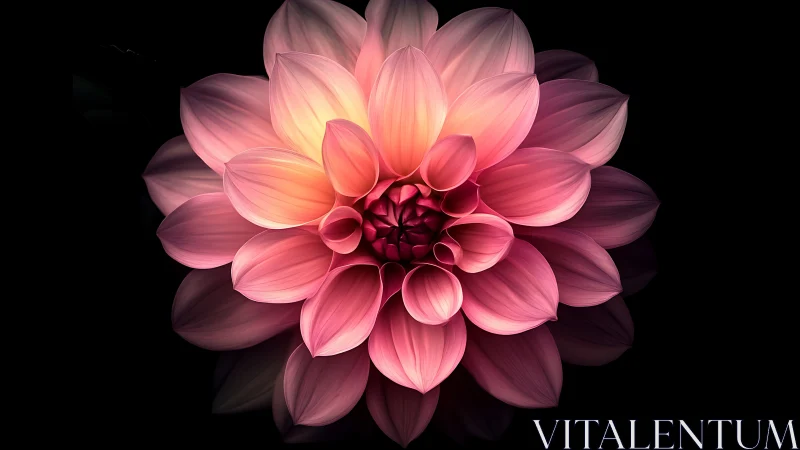 Glowing Pink Dahlia Flower Blooming Against Black.