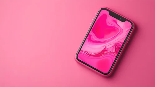Pink Smartphone with Liquid Abstract Display Wallpaper.