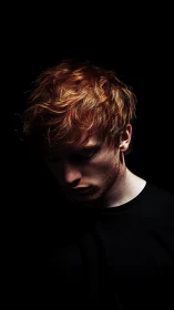 Moody portrait of red haired man in dark shadows.
