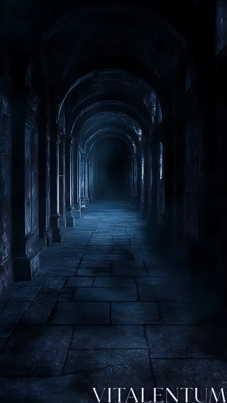 Moonlit stone corridor fades into eerie blue shadows.