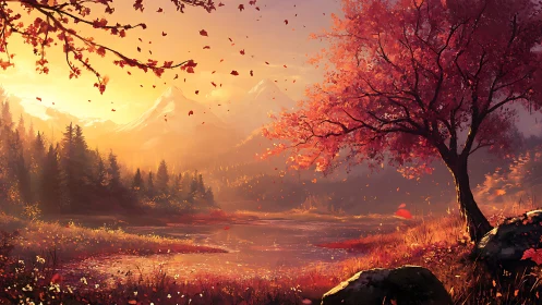 Autumnal alpine lake under volumetric dusk illumination.