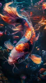 Digital painting of luminous koi in dynamic vertical composition.