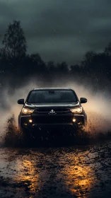 Midnight off-road SUV charging through stormlit mud.