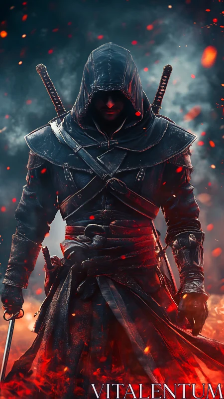 Hooded firelit warrior strides forward through glowing embers