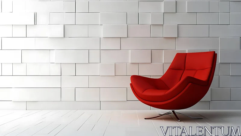 Red lounge chair contrasts sculpted white geometric wall