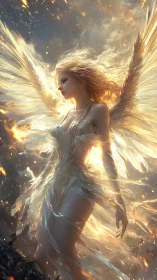 Ember-winged seraph rising through stormlit golden embers.