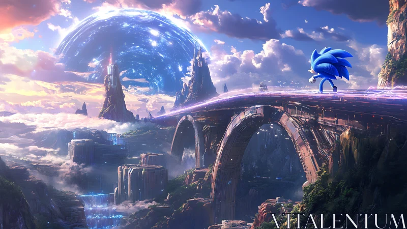 Blue hedgehog races across a luminous bridge in cosmic world