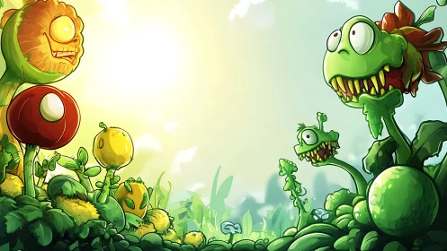 Cartoon carnivorous plants under bright sun in garden scene.