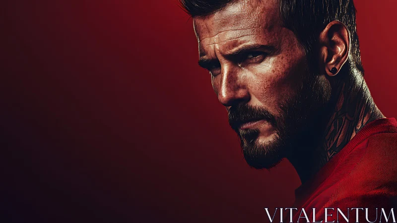 Intense male portrait rendered in dramatic red chiaroscuro