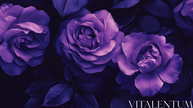 Nocturnal Blooms: Purple Roses Luminescent in Midnight Shadows.