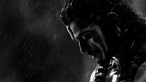 Monochrome side-profile portrait in dramatic rain chiaroscuro.
