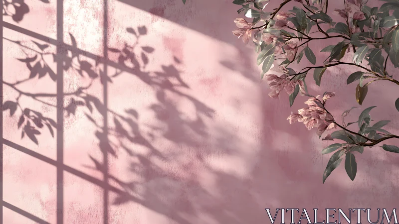Window grid casts leaf shadows on textured pink wall