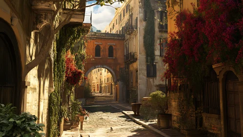Sunlit European alleyway with bougainvillea and archway geometry.