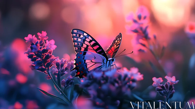 Butterfly rests in glowing neon twilight garden bloom.